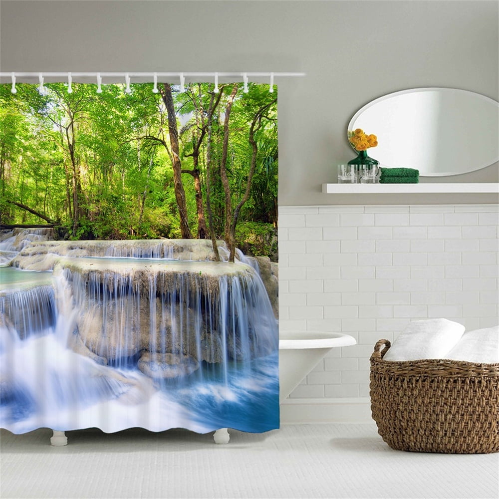 Waterfall Shower Curtain With Hooks Fairy Landscape Waterfall Green