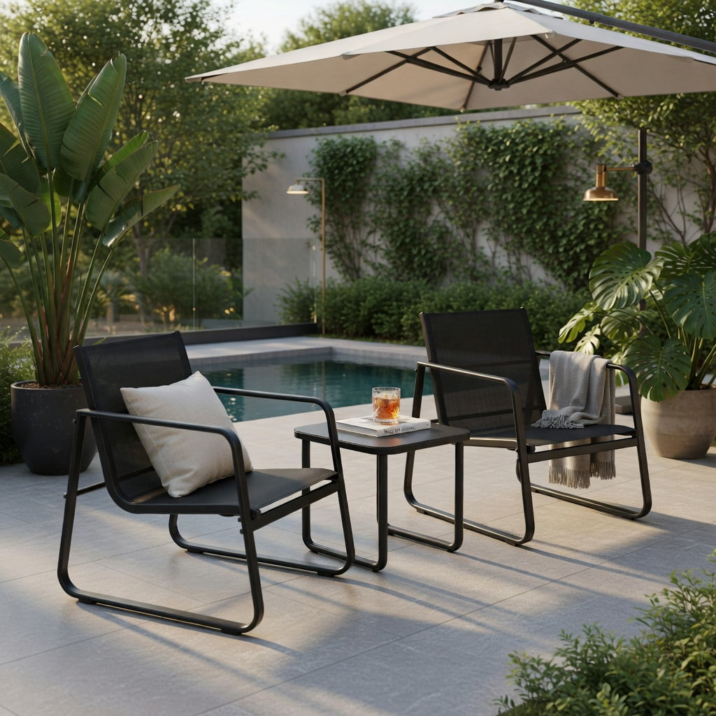 Hommoo 3-Piece Steel Patio Bistro Set with Tempered Glass Table, Modern Outdoor Dining Chairs & Coffee Table for Deck, Garden, Balcony & Poolside, Black