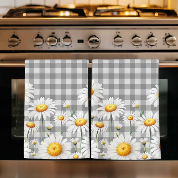 Spring White Daisy Kitchen Towels Set of 4, Farmhouse Floral Gray Buffalo Plaid Absorbent Dish Towels for Kitchen, Microfiber Hand Towel, Quick Drying Tea Towel for Cleaning Decorative Dishcloths