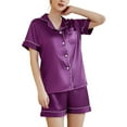 thumbnail image 2 of Women's Short Sleeve Shorts Pajama Set Summer Soft Silky Comfy Button Up Spring Lightweight Pjs 2 Piece Silk Sleepwear Purple 4-6, 2 of 5