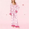 thumbnail image 4 of Tnhcen Valentine's Day Women's Cozy Comfortable Pajama Set with Fluffy Trim Pink Bow Print Long Sleeve Collar Design in Satin Fabric Sleepwear for Women Plus Size S-2XL, 4 of 7