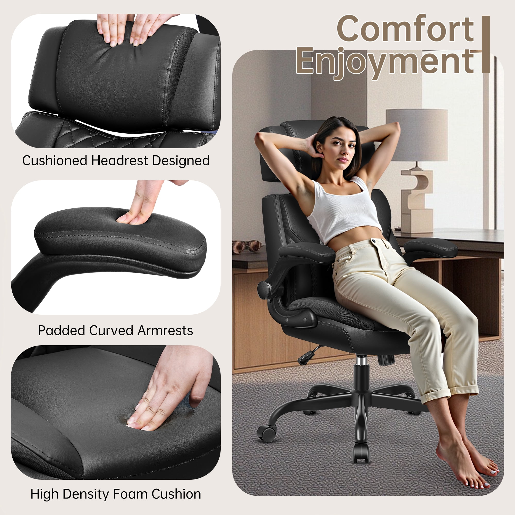 FASTES Big and Tall Ergonomic Office Chair - Black Leather Computer Desk Chair, Reclining High Back Ergonomic Chair with Adjustable Headrest & Lumbar Support