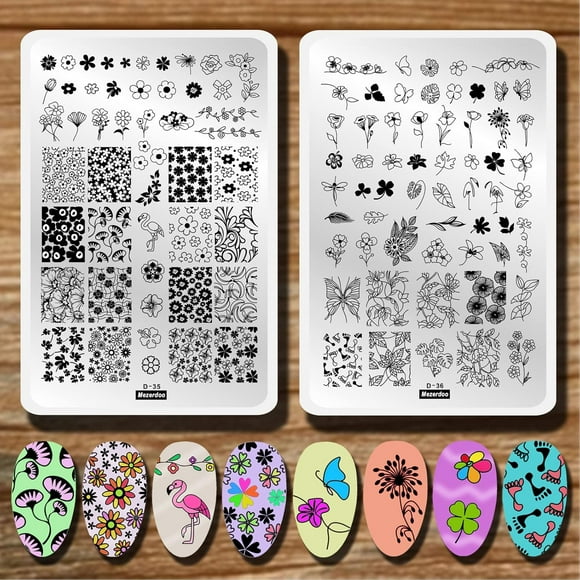 TRAHOO-Flowers Leaf Stamping Plates 2pcs Nail Art Design Kit, Daisy Flower Flamingo Butterfly Image Nail Stamp Templates Large Reusable Nail Stencils Clover Plantillas Nail Stamping Plate Templates F