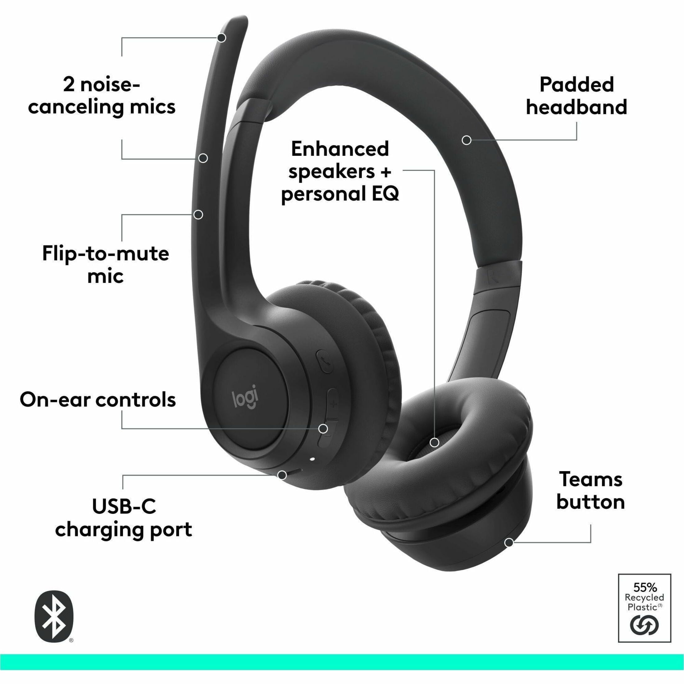 Logitech Zone 305 Native Bluetooth Wireless Headset With Microphone for Microsoft Teams, Black