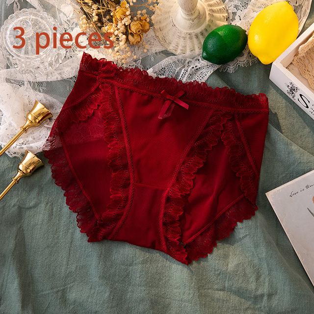 Ropa interior de encaje para mujer Bragas ajustadas transpirables sexy Paquete múltiple Bragas de bikini elásticas sin costuras (Borgoña)