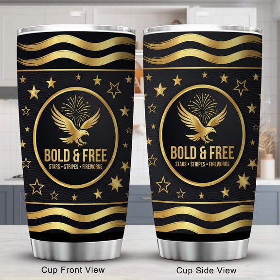 20oz Tumbler Stainless Steel Insulated Travel Mug, Patriotic American Eagle BOLD & FREE Design, Black and Gold Vacuum Coffee Cup with Lid for Car, Office