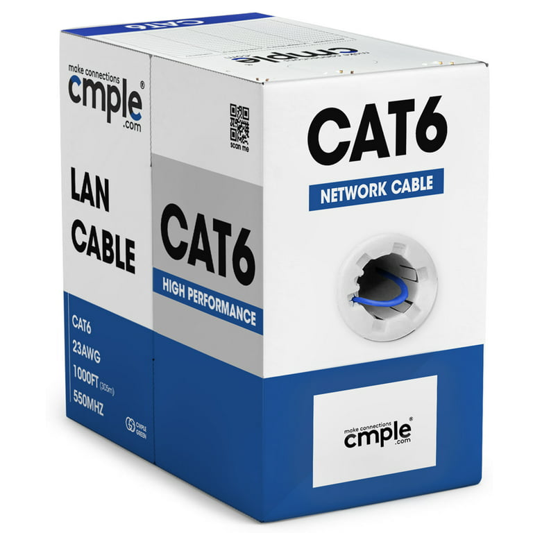 Cmple - Cat6 Cable 1000ft Bulk Lan Ethernet Cat 6 Wire Network UTP 23AWG  CMR Riser 10Gbps 550 MHz Pull Box 1000 Feet, Blue