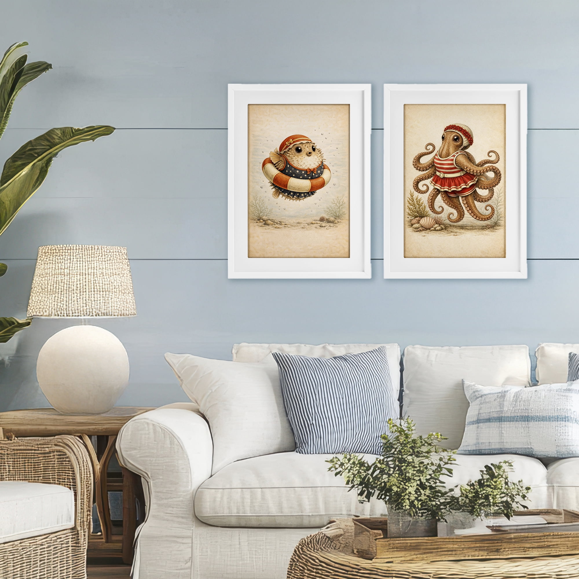 Stupell Industries Vintage Maritime Bathing Creatures 2 Piece White Framed Print Under Glass Set, design by Grotto Studios