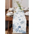 thumbnail image 2 of Coastal Blue Burlap Cotton Table Runner 13x72 Inches Long, Ocean Turtle Coral Starfish Jellyfish Farmhouse Table Runners, Outdoor Dining Tablecloths Decor for Baby Shower/Party/Wedding, 2 of 6
