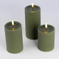 thumbnail image 6 of WYZworks Fluted Ribbed LED Pillar Candles, Loden Green, with Realistic Reflective Melted-Wax Effect – Flickering Flame, Remote, Dimmable, Flameless, Battery Operated, Home & Wedding Decor (Set of 3), 6 of 11