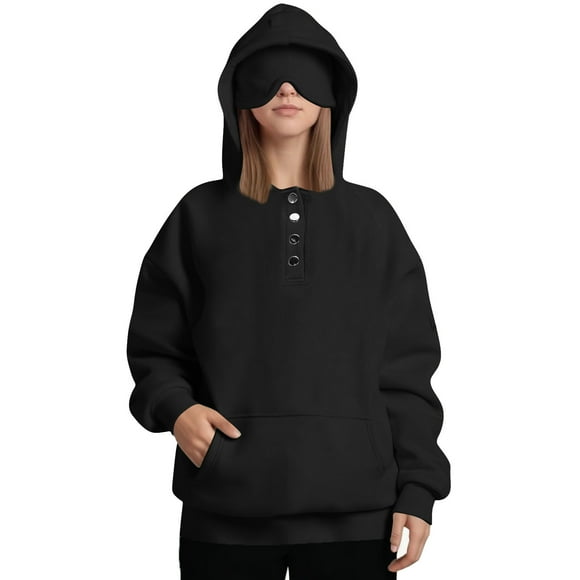 VINUSLI Essential Hoodie Women Button Pullover Airplane Travel Hoodies with Eyeshade Solid Oversized Long Sleeve Sweatshirt with Hidden Pockets Black,XL
