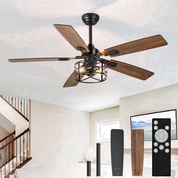 Depuley 52-Inch Caged Ceiling Fans with Lights: Dual Finish 5 Black Walnut Blades Hanging Fan - Rustic Ceiling Fan with Remote Control for Farmhouse Indoor/Outdoor Use