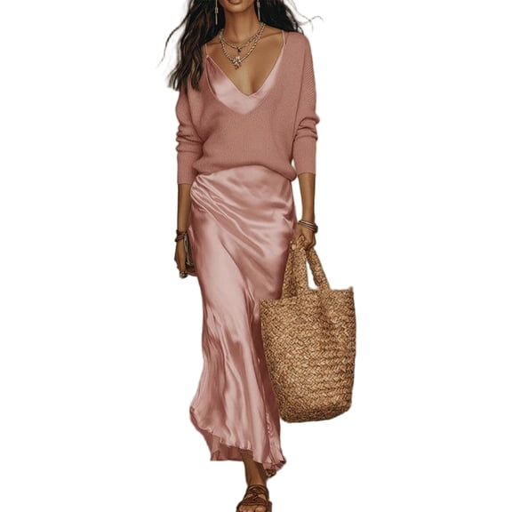 Women's 2 Piece Outfit Set, Ribbed Knit Long Sleeve Top with Satin Slip Midi Dress, Elegant V-Neck Two-Piece Suit for Office Date Night Cocktail Party 05-Pink S