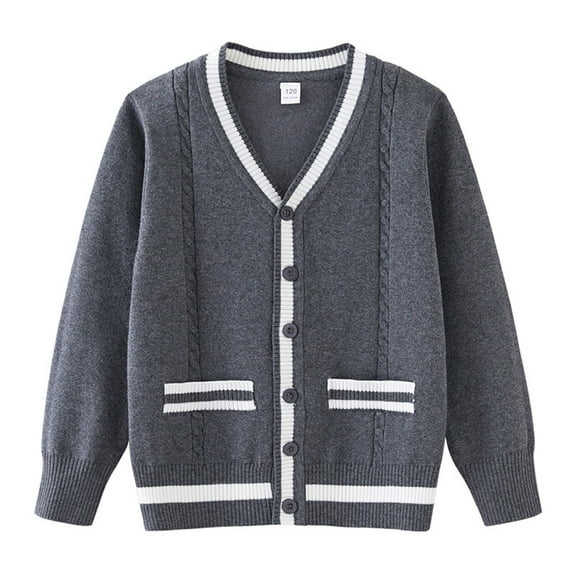 IVEYRTF Kids Sweater Color Block Cable Knit Cardigan Button Front Fall Winter Cozy Cotton Outerwear for Boys and Girls 3-13 Years(Gray,5-6 Years)