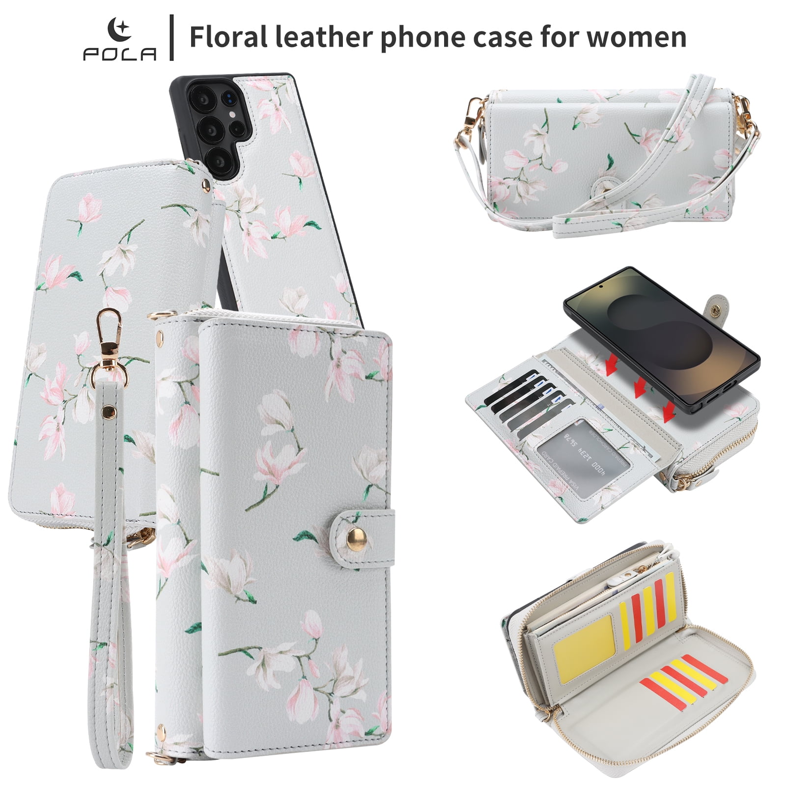 TECH CIRCLE 2-in-1 Wallet Case for Galaxy S23 (6.1", 2023), Detachable Magnetic Back Cover, PU Leather Flip Flower Phone Case with 15 Card Slots, Zipper Pocket, Wrist/Shoulder Strap, Gray