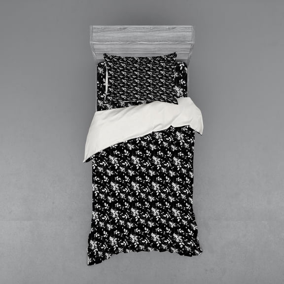 Ambesonne Autumn Bedding Set 3 Pcs, Monochrome Nature Leaves, Twin XL, Charcoal Grey and White