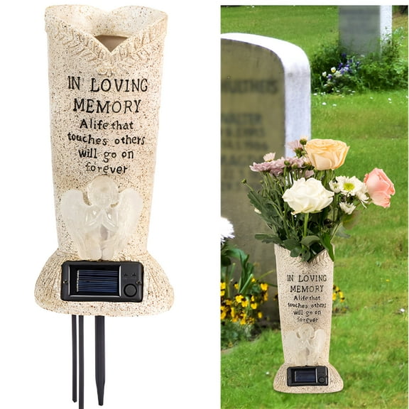 LAMIRO Solar Memorial Cemetery Flower Vase with LED for Fresh/Artificial Cemetery Grave Decorations Angel Statue Vase with Spikes Gravestone Decor