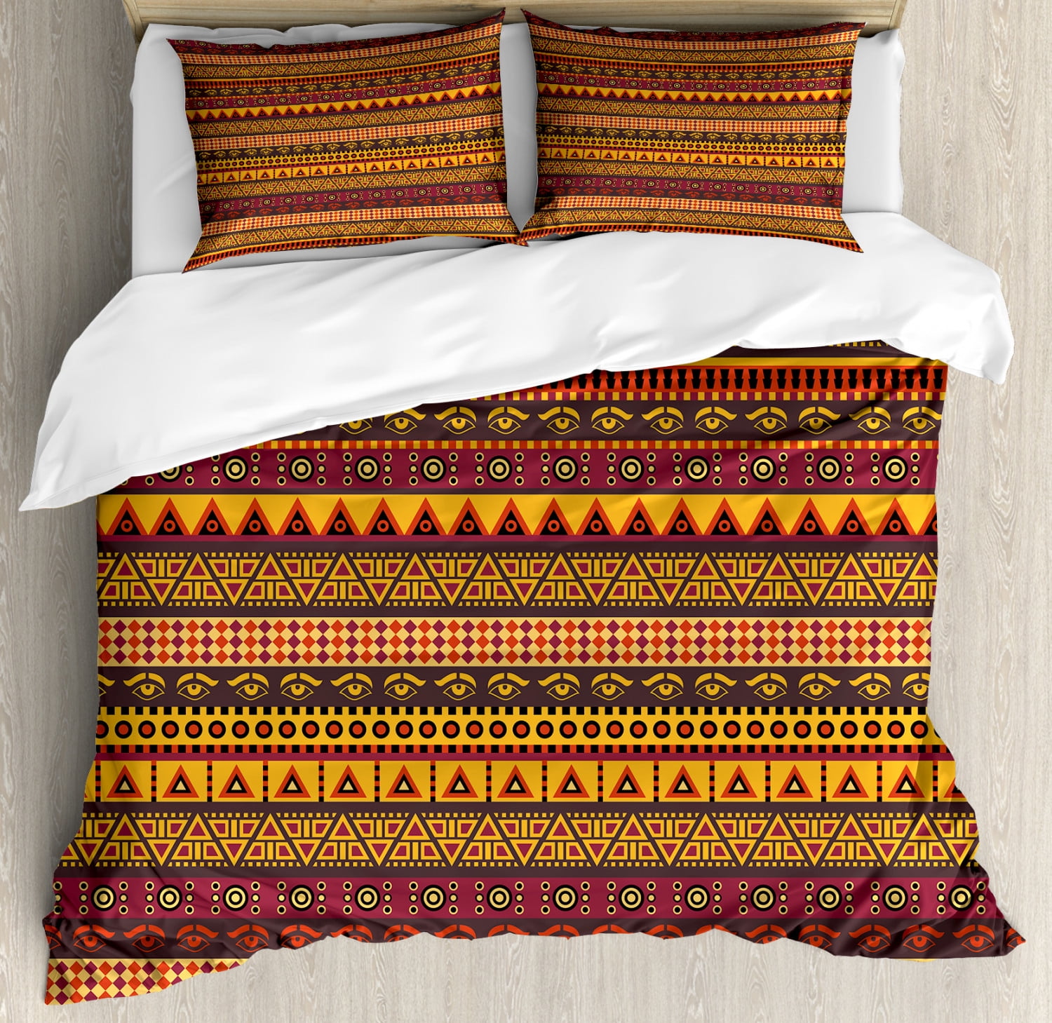 African King Size Duvet Cover Set, Exotic Culture Folkloric Symbols Eye