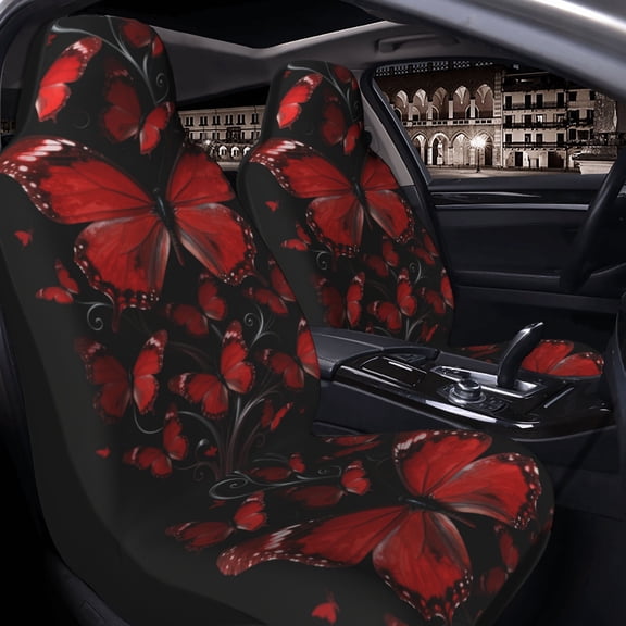 Red Butterfly Decor Car Seat Covers Set of 2 for Women and Men, Universal Fit Bucket Seat Protectors for Cars, SUVs, Sedans and Trucks, Soft Breathable Polyester, Front Seats Only