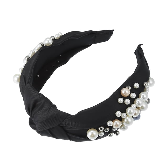 1 pieza de diademas anudadas para mujer, accesorios para el cabello con perlas de imitación anchas a la moda, color negro