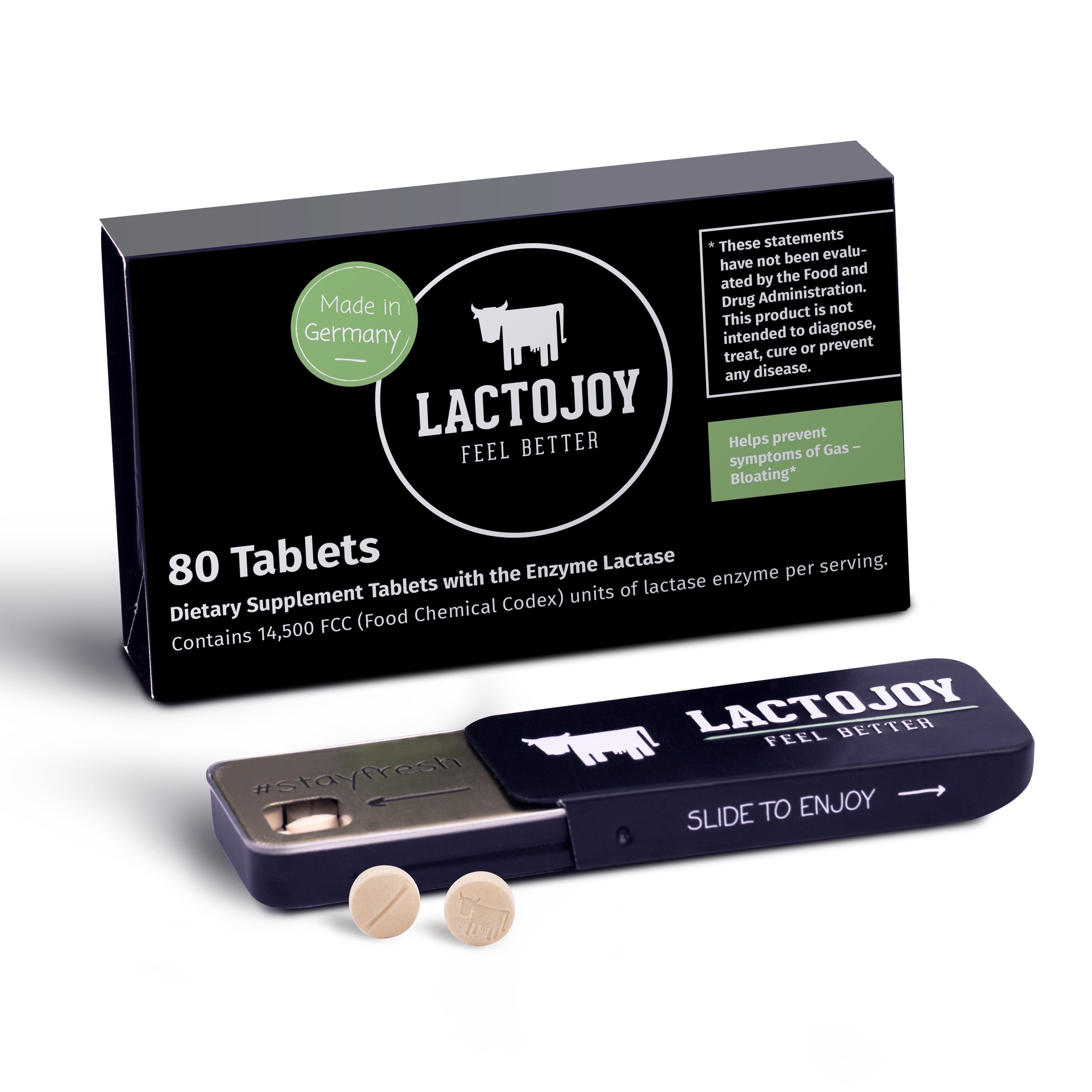 LactoJoy Lactase Pills 14,500 I 80 Pieces I Powerful Lactase Enzymes for Lactose Intolerance I Ultra Pure Lactase for Improved Digestion I No Silicon Dioxide, No Artificial Flavors, No Sucralose
