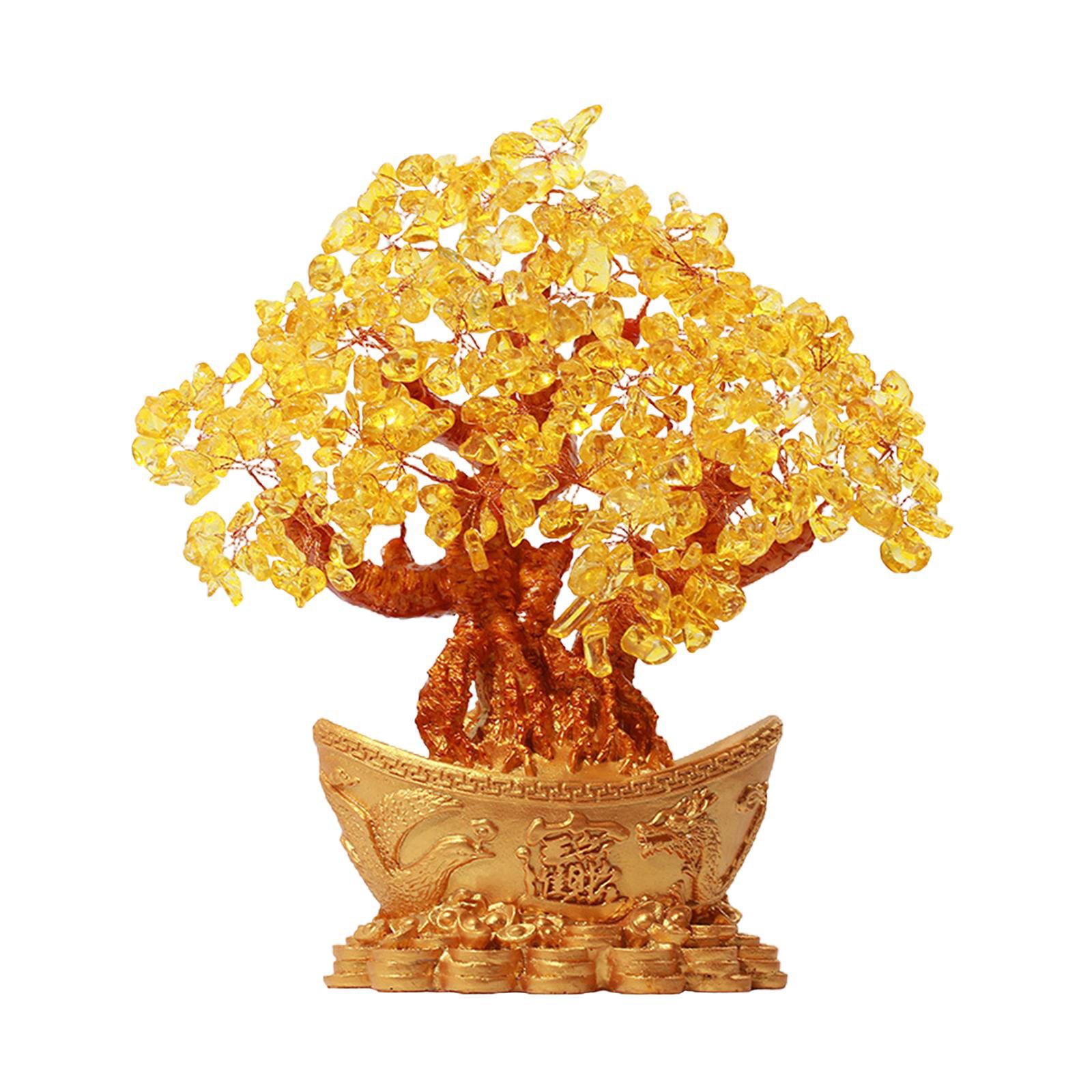 Yellow Crystal Chinese Money Tree Wealth God Bonsai Spiritual Feng Shui Decor 