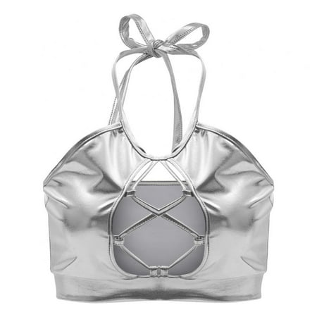 

Xmarks Women s Metallic Keyhole Cutout Backless Halter Rave Dance Crop Tube Top Bra Silver XXL