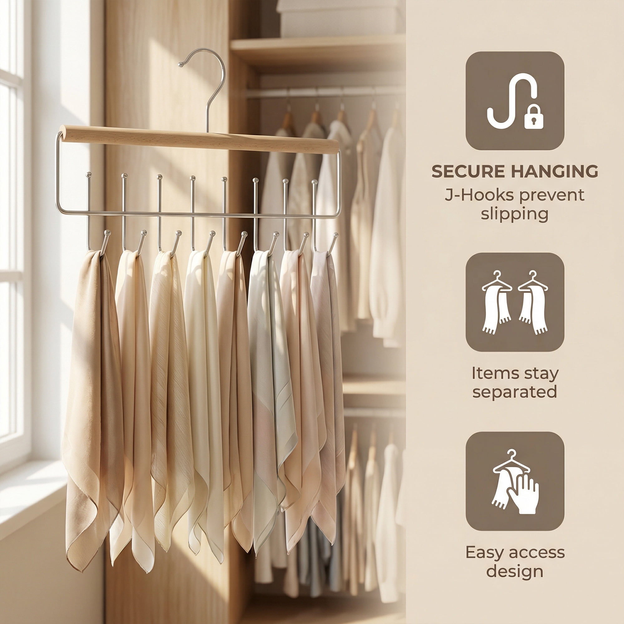 Unique Bargains 2Pcs Wood Cloth Hangers For Bras And Belts Natural 8 Hooks