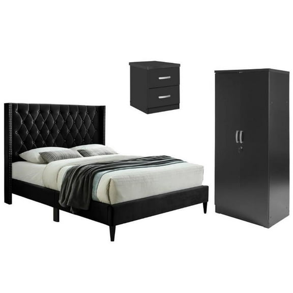 Home Square 3-Piece Set with Queen Bed Wardrobe Cabinet & Nightstand in Black
