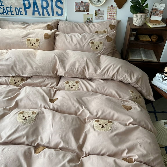 Queen Bed Sheets Set - Cotton 4-Piece Bedding Set with Towel-Embroidered Bear Pattern, Breathable & Skin-Friendly, All-Season Soft Sheets for Adults & Kids, Machine Washable - Beige