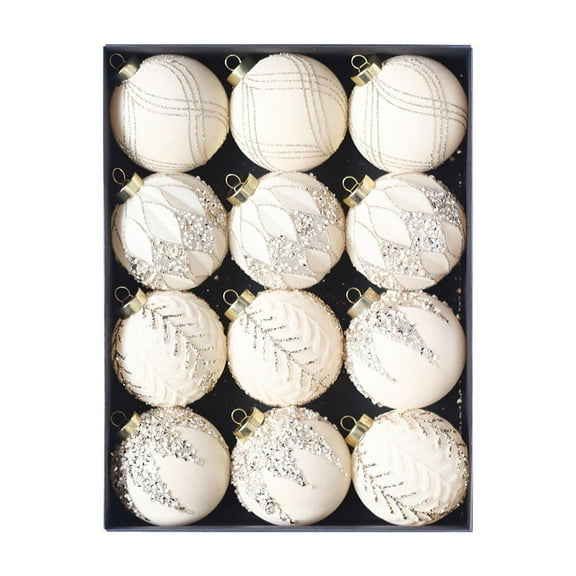 Christmas Decorations Indoor,12 Pieces Christmas Balls,Electroplated Flocking Brick Glitter Hangings Decoration for Christmas Tree Thanksgiving Party,3.14in,Beige