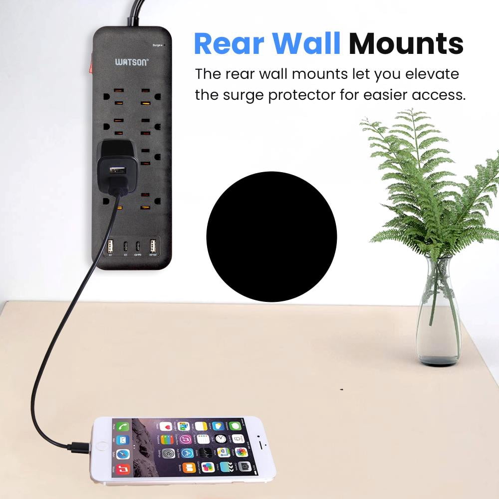 8-Outlet Surge Protector with 4 USB Ports, 2450 Joules, 6' Cord, LED Indicator – Power Strip for Home and Office Use by Watson (Black)