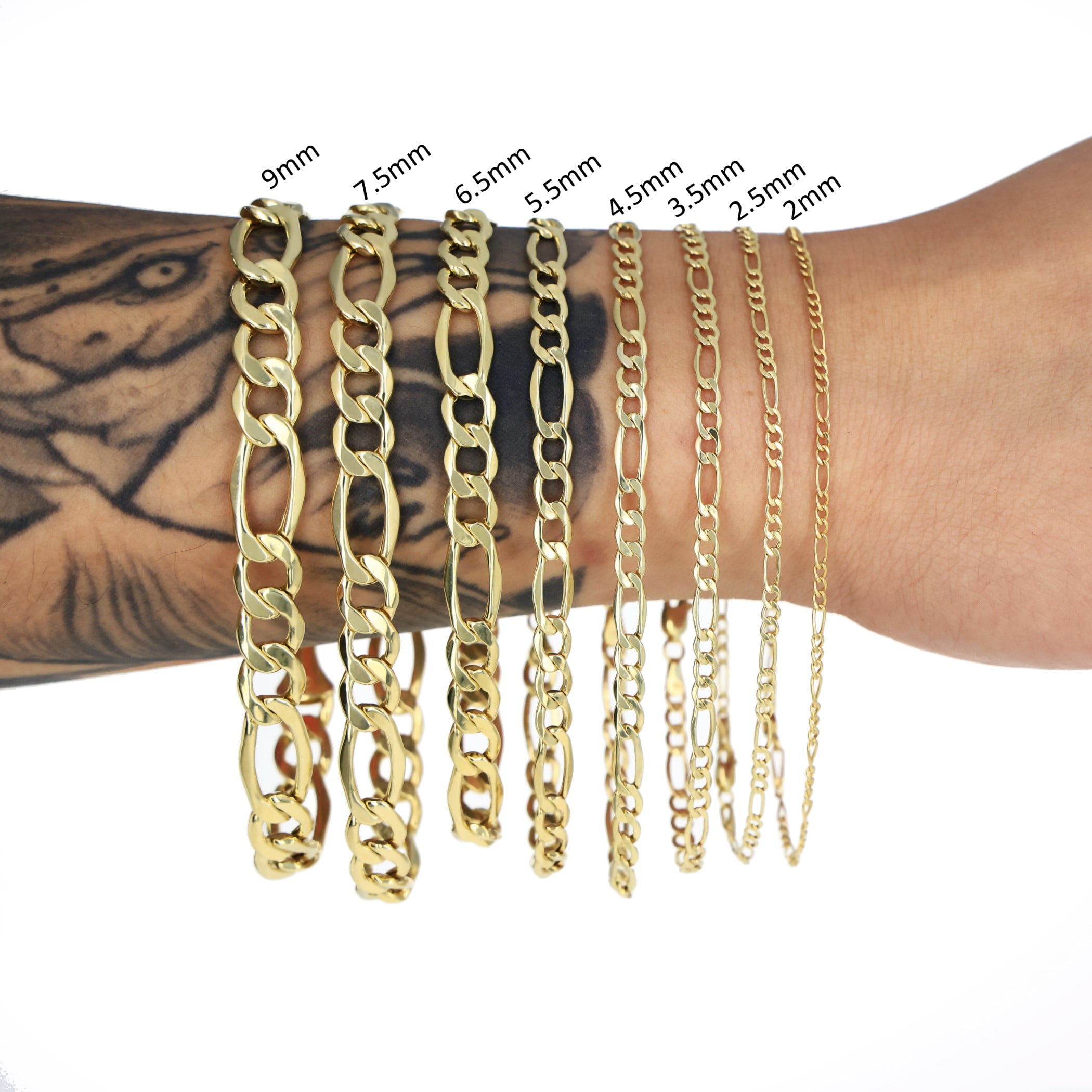 Nuragold 14K Real Yellow Gold Figaro Link Chain Bracelet 7"-9" (3.5mm-7.5mm) Italian Jewelry for Men & Women