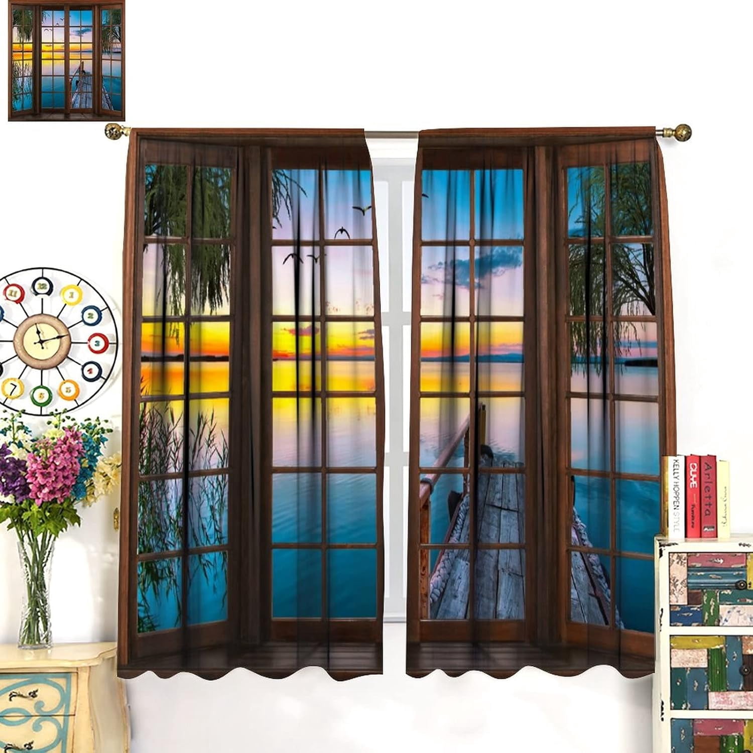 Landscape Curtains,Natural Scenery Rustic Window Curtains,Forest Lake Sunset Print Bedroom Living Room Home Decoration 84x84in