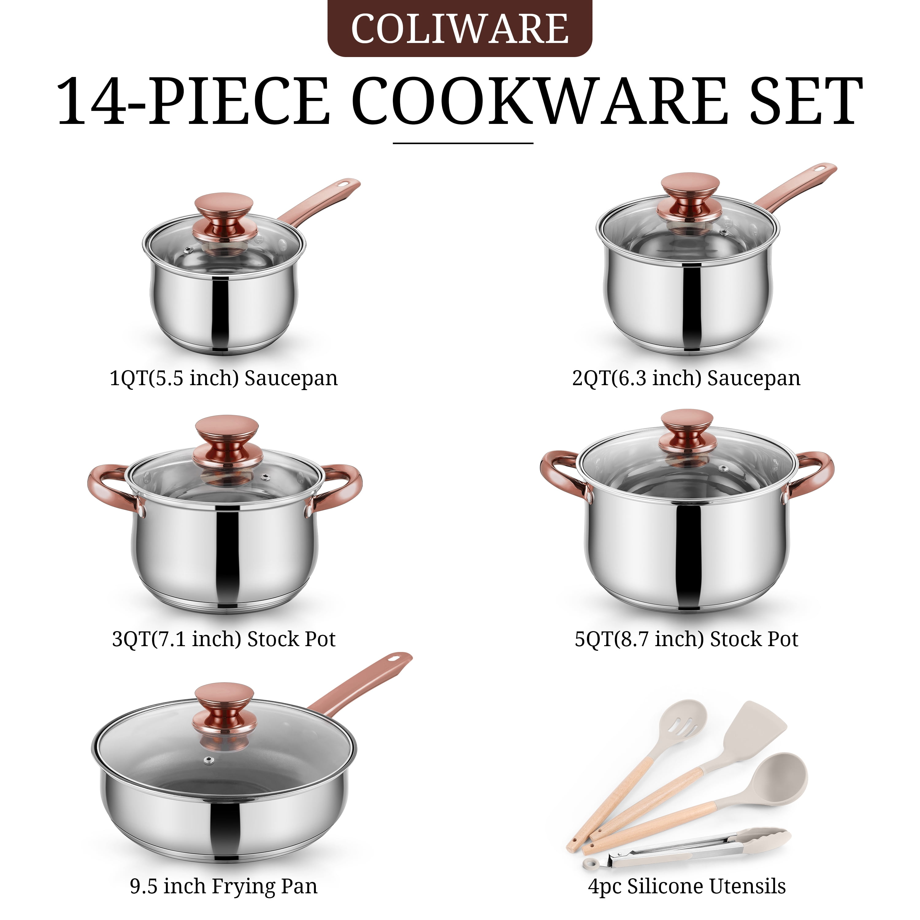 Coliware 14-Pieces Cookware Sets, Stainless Steel Pots and Pans Set, Non-Stick Kitchen Cooking Sets, Induction Ready & Easy Clean