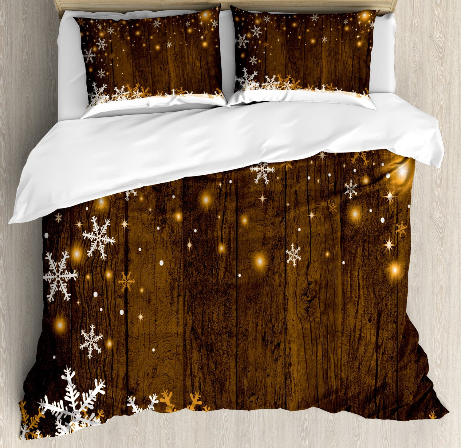 Christmas Duvet Cover Set Queen Size, Rustic Wooden Backdrop with