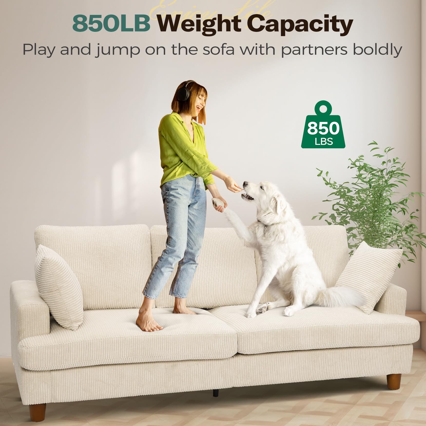 87" Corduroy Sofa,3 Seater Sofa with Extra Deep Seats,Neche Comfy Upholstered Couch for Living Room,2 Pillows,Beige