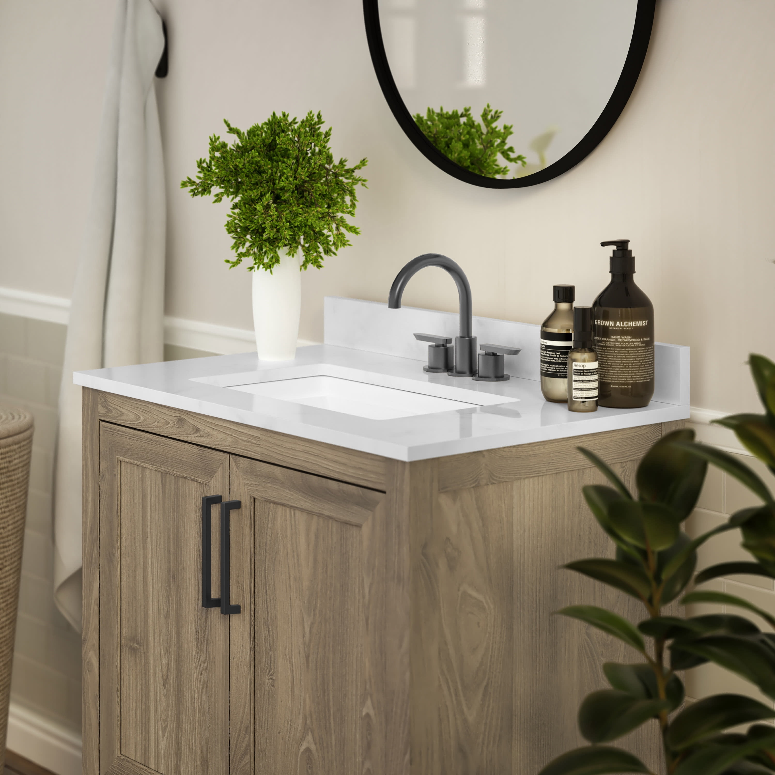 BizChair 30 Inch Bathroom Vanity with Sink Combo, Storage Cabinet with Soft Close Doors and Open Shelf, Carrara Marble Finish Countertop, Brown/White