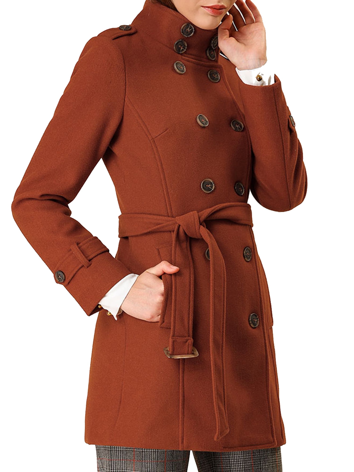 Unique Bargains Women's Stand Collar Double Breasted Slant Pockets Outwear Coat