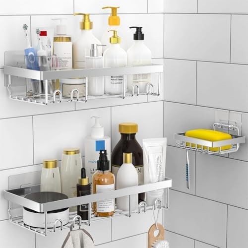 3-Pack Shower Caddy Basket Shelf with Soap Holder, No Drilling Traceless Adhesive Shower Wall Shelves, Rustproof Silver Bathroom Shower Storage Organizer