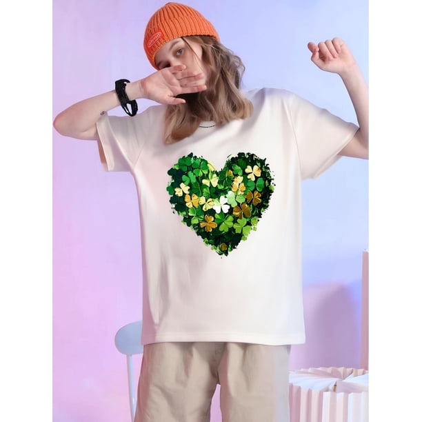 Women's Plus Size St. Patrick's Day Shamrock Heart Graphic T-Shirt, Casual Crew Neck Short Sleeve ToCamisetas de verano para mujer, manga corta, cuello redondo, casual, lindo, con gráficos, camisetas