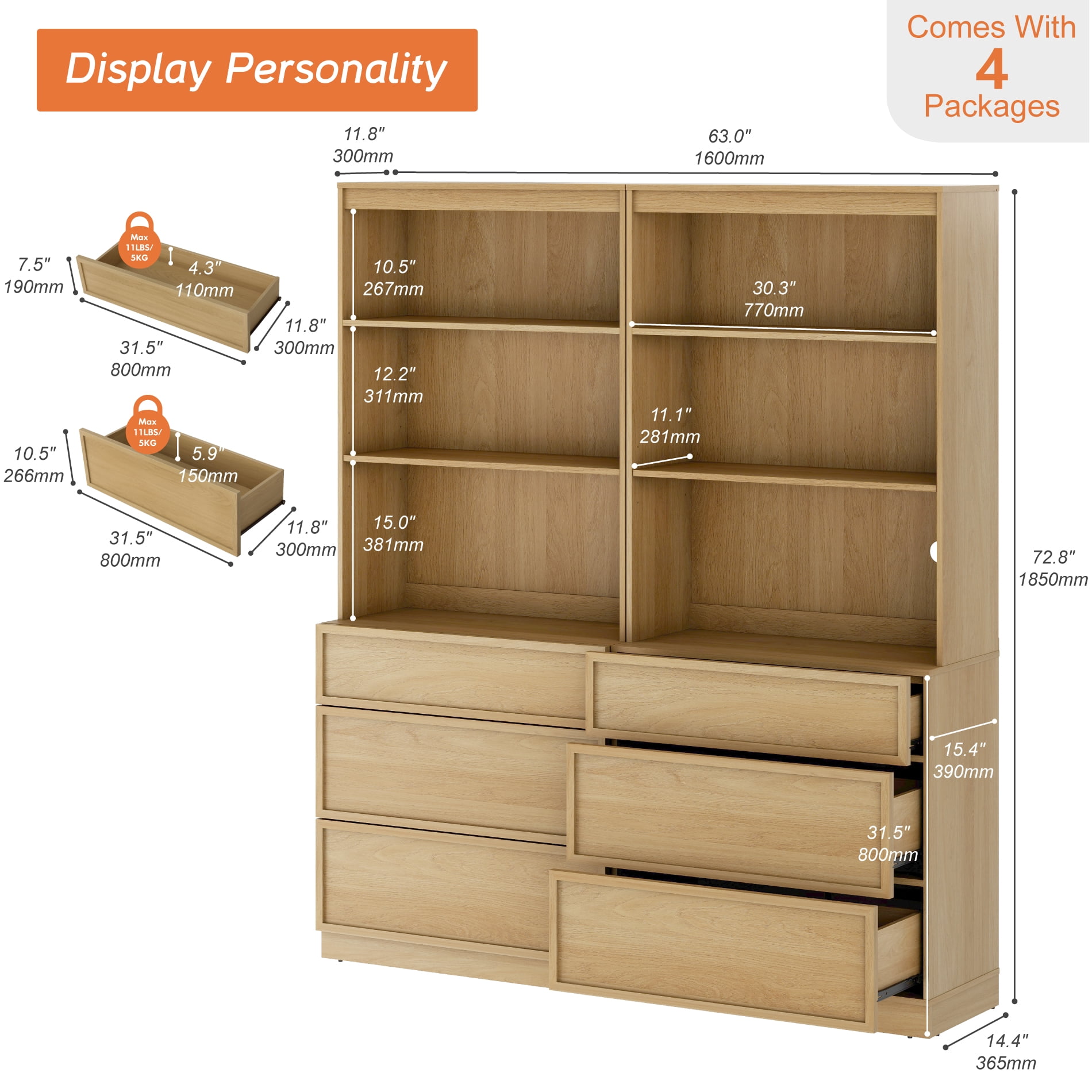 Modern 72" Tall 63" Wide Wood Sideboard Buffet with 6 Drawers & Open Shelves for Dining Kitchen,Oak