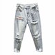 thumbnail image 2 of Pantalones harén de estilo hip hop para hombre, color azul claro, con agujeros, rotos, de pierna ancha, estilo coreano, tallas XS, 2 of 4