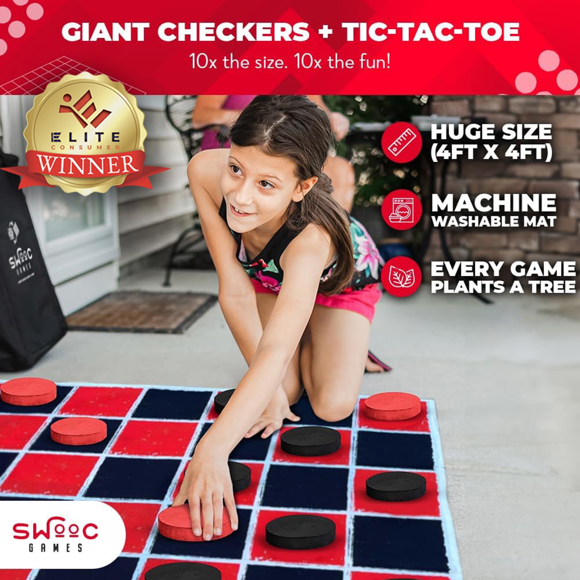 Swooc Games® - 2-in-1 Vintage Giant Checkers & Tic Tac Toe Game W/ Mat (4ft x 4ft) - 100% Machine-Washable Canvas - Giant Outdoor Games For Kids - Giant Lawn Games - Yard Games For Kids - Giant Games