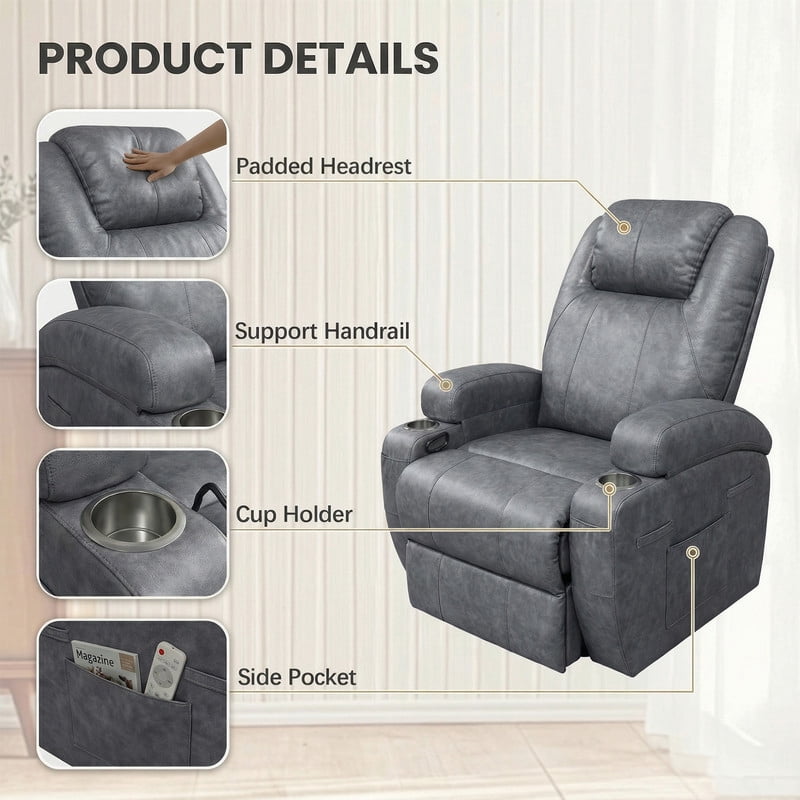 Homall 360° Swivel Rocking Recliner Massage Oversized Singal Sofa For Living Room Ergonomic High Backrest and Adjustable Recliner,PU Gray