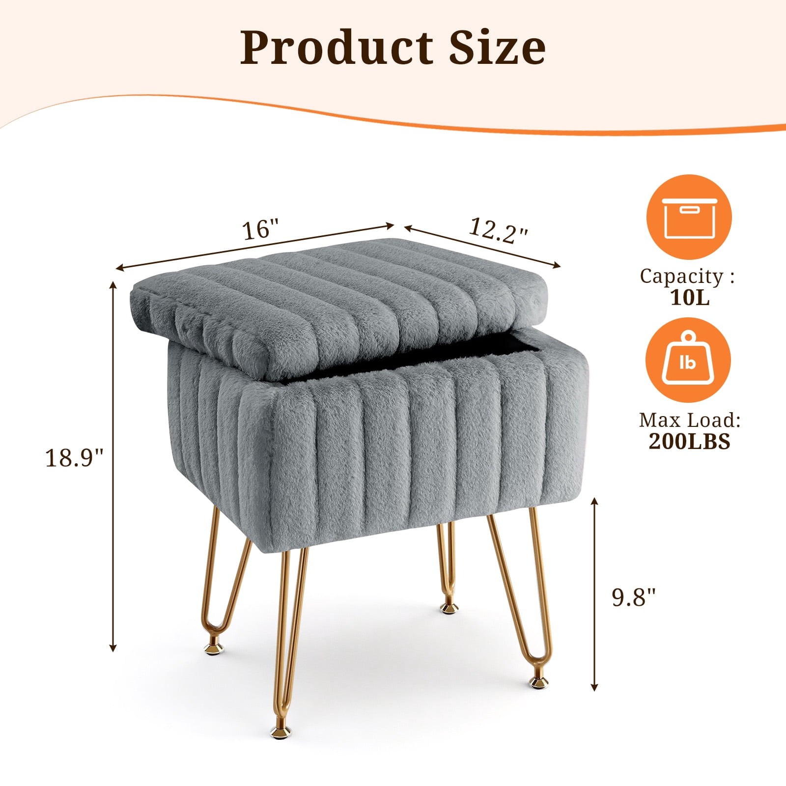Casabay Vanity Stool Chair with Storage, Faux Fur Footstool Ottoman with Metal Legs & Anti-Slip Adjustable Feet for Bedroom, Entryway