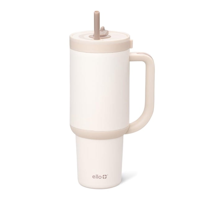 Vaso Ello Oasis de 1,2 litros con asa y pajita retráctil, color crema