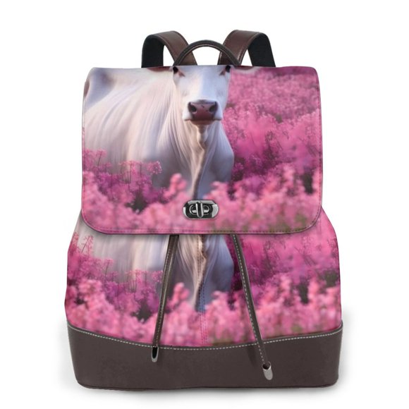 Easygdp Flower Field Cow Print Leather Backpack Purse Ladies Shoulder Bag Fashion Work Travel Handbags for Women