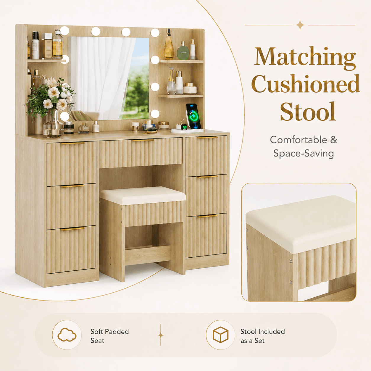 Ktaxon Makeup Vanity Set with 3 Color Lighted Mirror & Charging Station, Dressing Table w/ 7 Drawers for Femal Gift, Wood Color