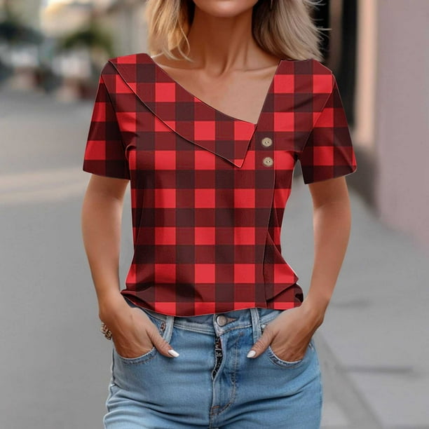 Fiudx Ofertas Del Día Camisa de Manga Corta para Mujer con Camiseta Informal con Botones Estampados a Cuadros